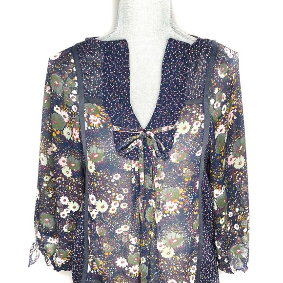Zara Blouse Tie Front Elbow Length Sleeve Floral - Picture 2 of 5